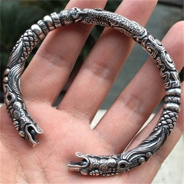 oly-6575947731d1c523f40530c77e6093cb Wholesale Silver Electroplated Viking Wolf Head Double Dragon Bracelet Vintage Metal Jewelry Accessory For Everyday Wear