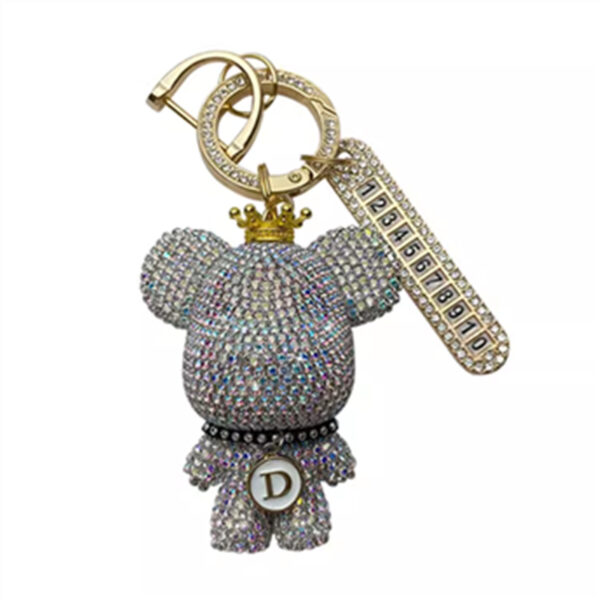 oly-6576872fde532329e4bae40073f65af4 Wholesale Metal White AB Rhinestone Crown Bear Car Keychain With Number Plate Couple Gift