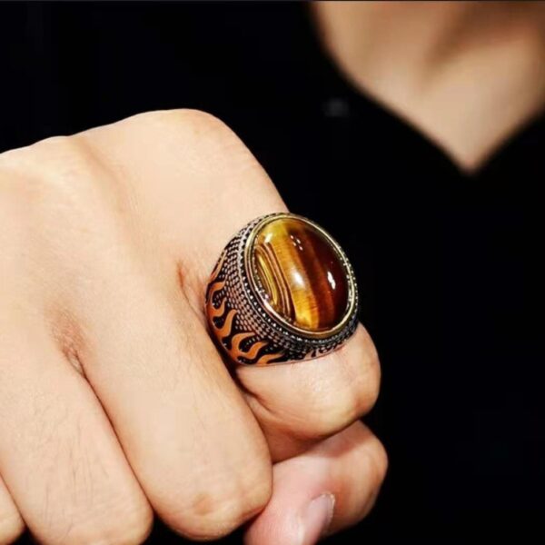 oly-65b36d8ce62695b73ddcfad398826703 Wholesale Antique Silver Zinc Alloy Ring Tiger Eye Flame Design Unisex Statement Jewelry Accessory For Everyday Wear And Boutique Resale