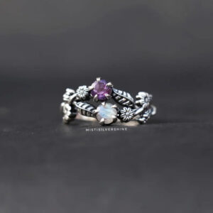 oly-666e798264abe2e04e7e18bc70b65b80 Wholesale Vintage Purple Flower Moonstone Ring For Women Stylish Silver Tone Zinc Alloy Jewelry Accessory Boutique Resale Gift