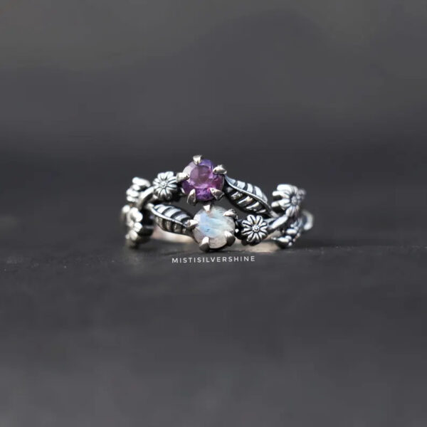 Wholesale Vintage Purple Flower Moonstone Ring For Women Stylish Silver Tone Zinc Alloy Jewelry Accessory Boutique Resale Gift