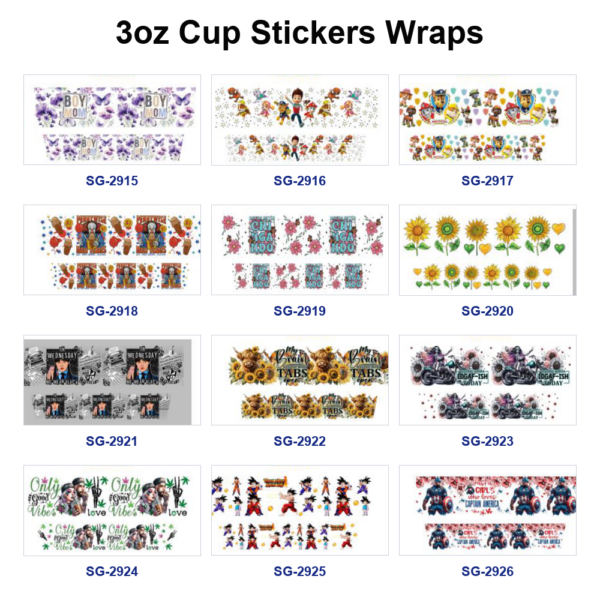 Wholesale 8pcs Multi style Figure Sunflower Text Pattern 3oz Cup Stickers Wrap OLY Exclusive