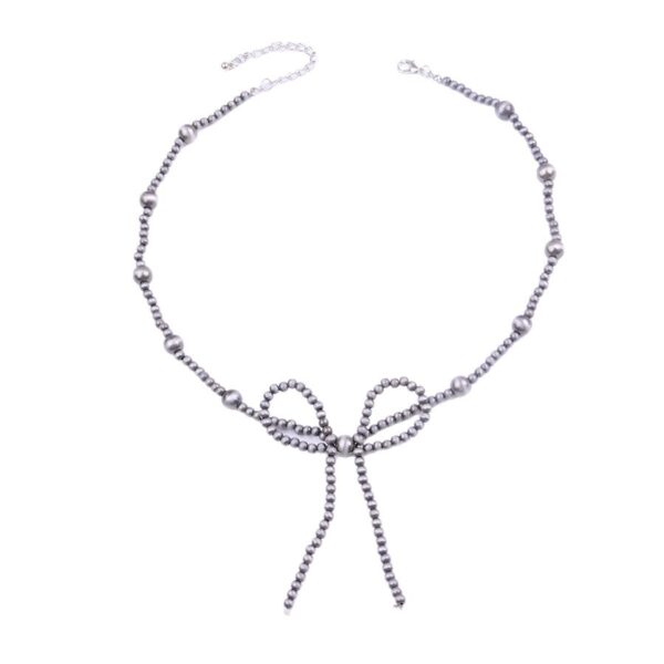 oly-68db38b518911c05c005585808f1e725 Wholesale Bronze Electroplated Zinc Alloy Beaded Bow Choker Necklace Retro Denim Style Fashion Accessory