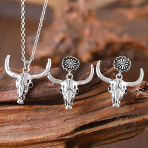 oly-6aa9fb24f941ab7398a8fcc8e839df95 Wholesale Hip Hop Punk Style Bull Head Flower Pendant Earrings Necklace Set Zinc Alloy Electroplated Everyday Use