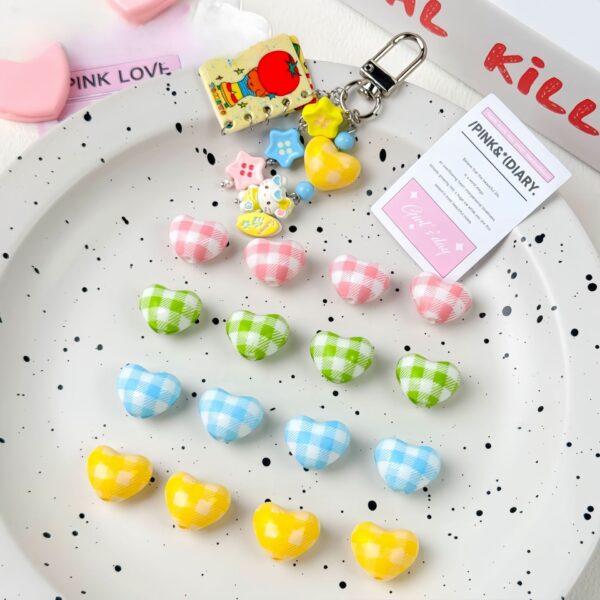 oly-6c9708f0050b830fef41d64bb1b85ce7 Wholesale Acrylic Love Heart Beads Light Pink Checkered Print for DIY Jewelry Making Bag Charms and Craft Supplies