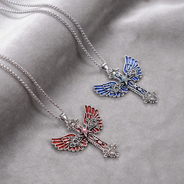 Wholesale Electroplated Zinc Alloy Blue Gothic Angel Cross Pendant Necklace Dark Style Fashion Jewelry Accessory For Gift And Boutique Resale