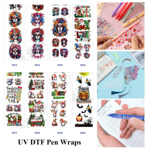 Wholesale 2/8/16pcs Sugar Skull Gnome Holiday Quote Print Pen and Bookmark Stickers UV DTF Wraps OLY Exclusive