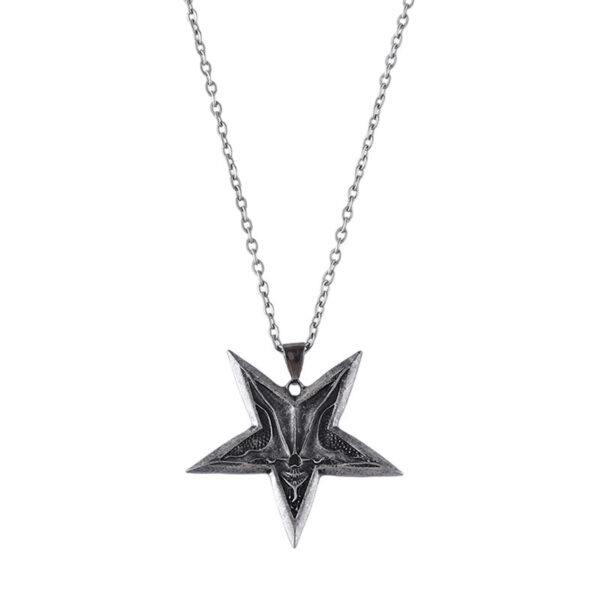 oly-6ddd9402c96d641e2cf335c66e3e1bf9 Wholesale Zinc Alloy Ancient Silver Pentagram Pendant Necklace Gothic Hip Hop Satan Smile Design Fashion Accessory