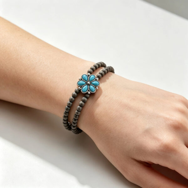 oly-6f26378177f344f18057a72b6d8086b7 Wholesale Ethnic Turquoise Flower Beaded Jewelry Set Wood Alloy Necklace Bracelet Ring Chic Boutique Gift
