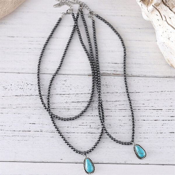 oly-704ac3fe0711b5d20b10299347a421cc Wholesale Bohemian Ethnic Teardrop Turquoise And Black Beaded Necklace Ancient Silver Ball Chain Fashion Jewelry Accessory For Boutique Resale