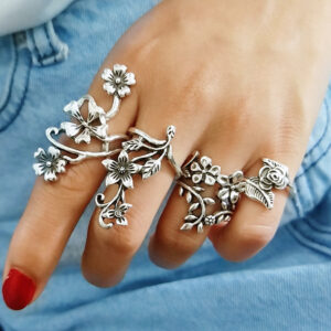 Wholesale Retro Floral Vine Ring Set Antique Silver Hollow Out Design Fashion Jewelry Accessory For Everyday Wear