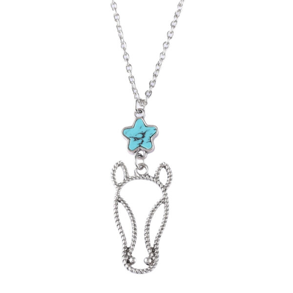 oly-741b1ed6144f13470216231e55370ddc Wholesale Vintage Boho Horse Head Pendant Necklace Zinc Alloy Antique Silver Finish Turquoise Inlay Fashion Accessory