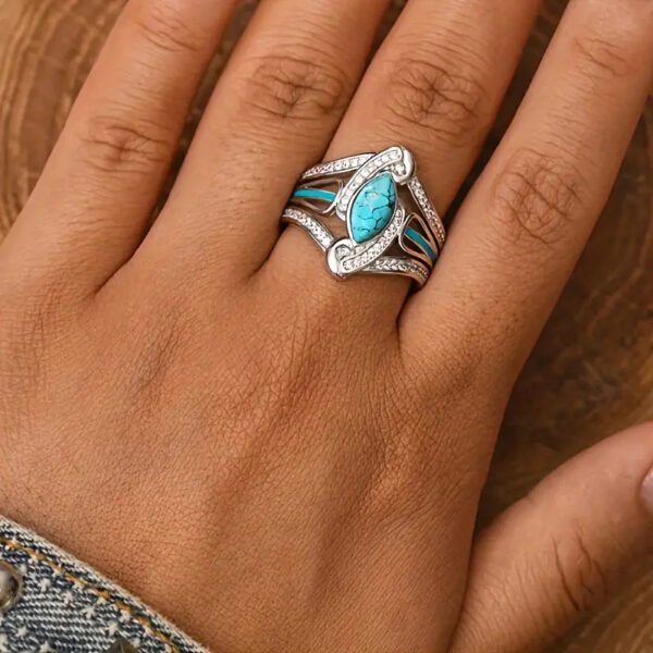 Wholesale Vintage Blue Turquoise Rhinestone Ring For Women Stylish Geometric Silver Tone Jewelry Accessory For Parties And Everyday Wear