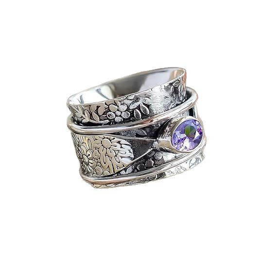 oly-79d12a4c304f62a22da8fa1e88b8920d Wholesale Vintage Style Flower Ring For Women Amethyst Accent Alloy Silver Tone Everyday Fashion Accessory