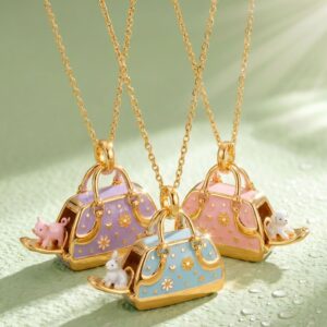 Wholesale Copper Electroplated Open Close Handbag Pendant Necklace Cute Animal Dog Rabbit Pig Charm Gift Jewelry Accessory
