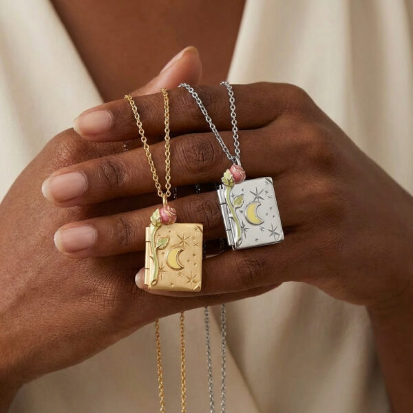 oly-7c5196d497c8aa3f5aea910b3dc09369 Wholesale Vintage Electroplating Copper Tone Book Locket Necklace With Star Moon Detail Openable Pendant Jewelry