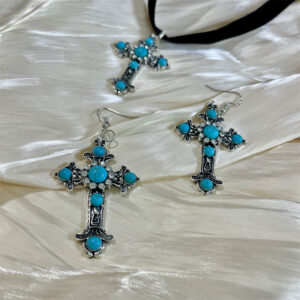 Ancient silver cross necklace earrings set