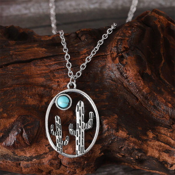oly-7d8091633cff322511923bdcb8a7a895 Wholesale Cactus Design Earrings Necklace Set Ancient Silver Turquoise Accent Trendy Hollow Out Geometric Jewelry For Gift Boutique Resale