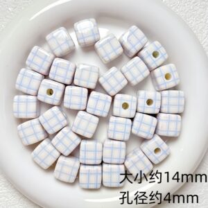 06-blue and white plaid / Size is about 14mm, hole diameter is about 4mm