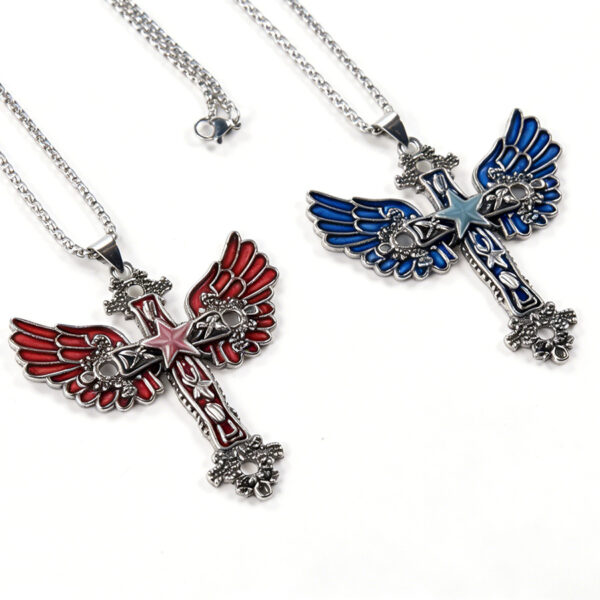 Wholesale Electroplated Zinc Alloy Blue Gothic Angel Cross Pendant Necklace Dark Style Fashion Jewelry Accessory For Gift And Boutique Resale