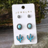 oly-82dc15669a38f2eea033037710cf33a6 Wholesale Retro Bohemian Turquoise Cactus Flower Alloy Stud Earrings 3 Piece Set Trendy Jewelry Accessory For Parties And Everyday Wear
