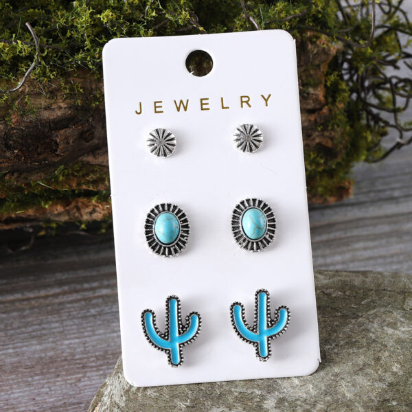 oly-82dc15669a38f2eea033037710cf33a6 Wholesale Retro Bohemian Turquoise Cactus Flower Alloy Stud Earrings 3 Piece Set Trendy Jewelry Accessory For Parties And Everyday Wear
