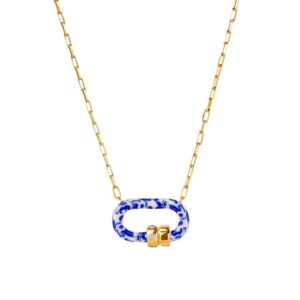 Gold rectangular chain blue and white oval necklace