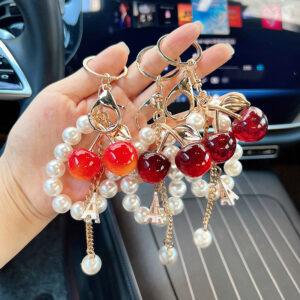 Wholesale Chic Cherry Keychain Bag Charm With Pearl Trim Gradient Red Acrylic Car Key Accessory For Gift And Resale