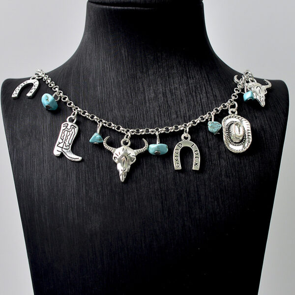 Wholesale Retro Western Cowboy Jewelry Set Vintage Turquoise Bull Head Boot Pendant Necklace Bracelet Fashion Accessory