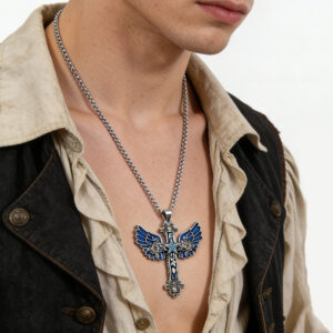 oly-8a9d21adc9f2a5e92ec32af5cfd67efb Wholesale Electroplated Zinc Alloy Blue Gothic Angel Cross Pendant Necklace Dark Style Fashion Jewelry Accessory For Gift And Boutique Resale