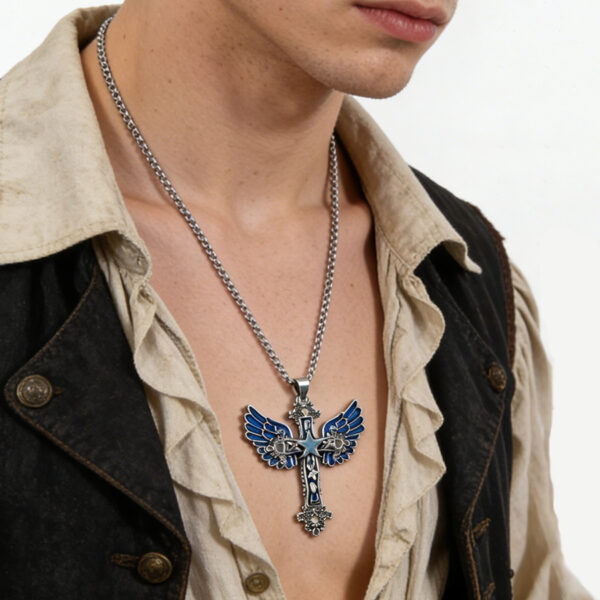 Wholesale Electroplated Zinc Alloy Blue Gothic Angel Cross Pendant Necklace Dark Style Fashion Jewelry Accessory For Gift And Boutique Resale