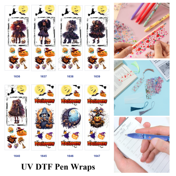 oly-8cd105d86eaffd4c33b8b45c47f787a5 Wholesale 2/8/16pcs Halloween Dark Girl Pumpkin Witch Print Pen and Bookmark Stickers UV DTF Wraps