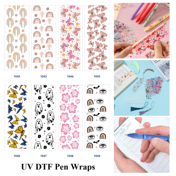 Wholesale 2/8/16pcs Rainbow Cactus Butterfly Floral Ghost Eye Print Pen and Bookmark Stickers UV DTF Wraps OLY Exclusive