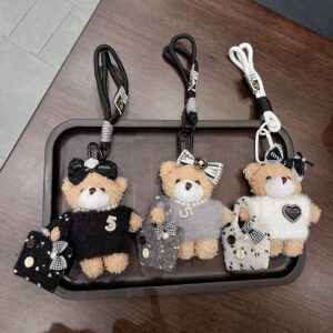 Wholesale Chic White Plush Bear Keychain Bow Bag Charm Cute Car Key Accessory Birthday Gift For Women