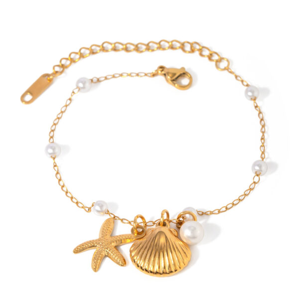 Wholesale Stainless Steel Gold Tone Pearl Chain Starfish Pendant Bracelet Trendy Ocean Jewelry Accessory For Women