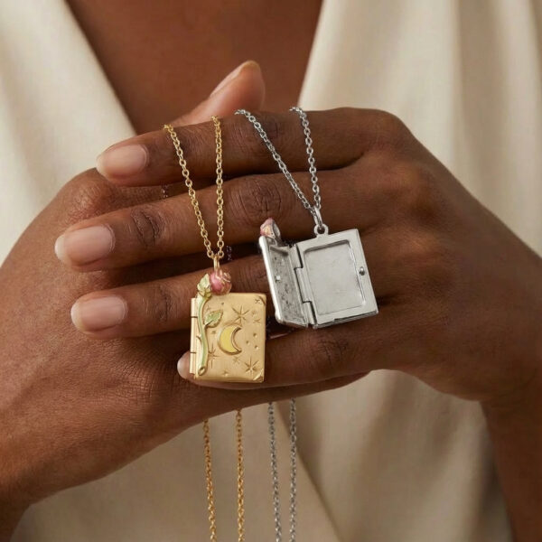 oly-91f46fcdaff1898eca7878f52f68a2ac Wholesale Vintage Electroplating Copper Tone Book Locket Necklace With Star Moon Detail Openable Pendant Jewelry