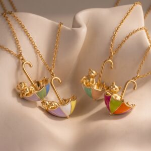 Wholesale Enamel Cartoon Animal Pendant Necklace Cute Cat Umbrella Design Copper Chain Everyday Fashion Accessory For Women