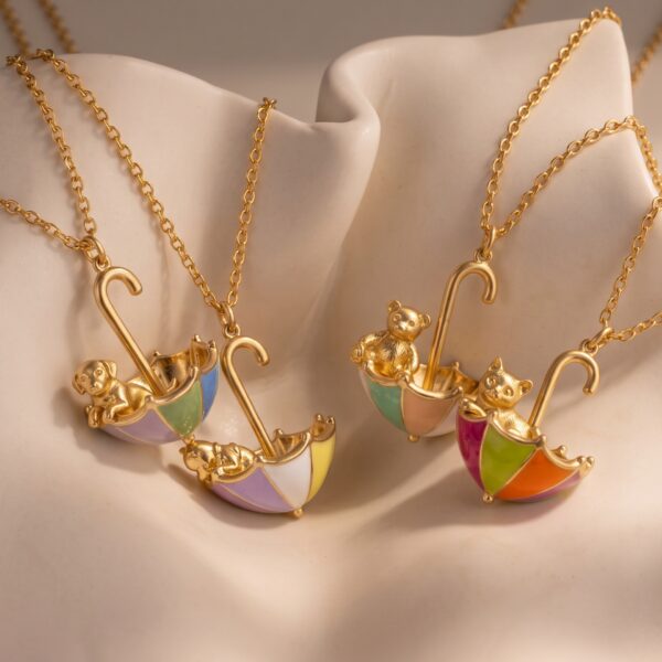 Wholesale Enamel Cartoon Animal Pendant Necklace Cute Cat Umbrella Design Copper Chain Everyday Fashion Accessory For Women