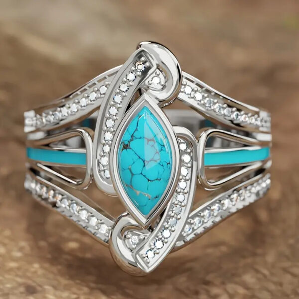 Wholesale Vintage Blue Turquoise Rhinestone Ring For Women Stylish Geometric Silver Tone Jewelry Accessory For Parties And Everyday Wear