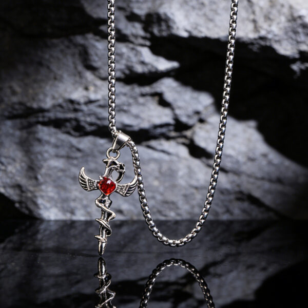 Wholesale Antique Silver Winged Cross Ruby Pendant Long Chain Necklace Trendy Punk Jewelry