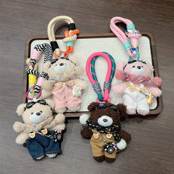 oly-996675d09ebb23dc4ff8e052133d3957 Wholesale Plush Bear Keychain Bag Charm Cute Scarf Overalls Stuffed Animal With Camera Pink Korean Style Car Key Accessory Gift