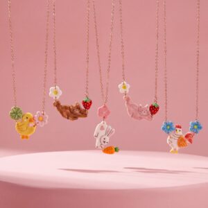 Wholesale Stainless Steel Electroplated Pink Cat Strawberry Flower Pendant Necklace Trendy Jewelry Accessory For Gift