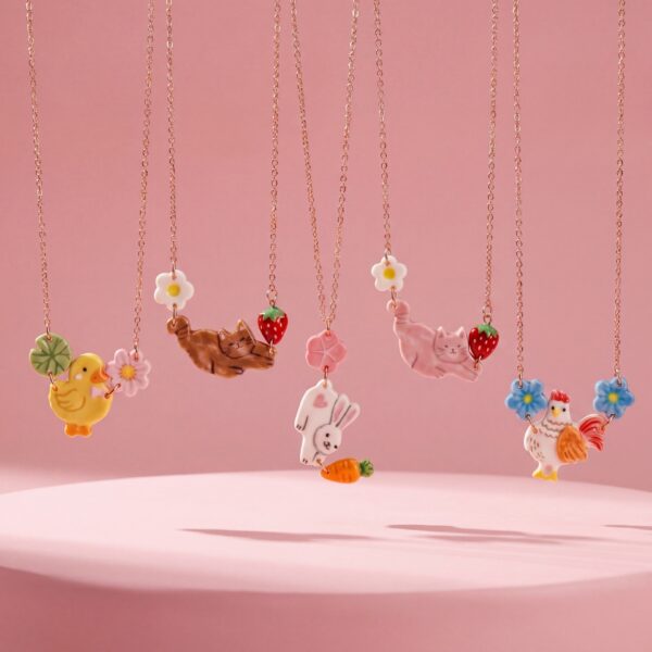 Wholesale Stainless Steel Electroplated Pink Cat Strawberry Flower Pendant Necklace Trendy Jewelry Accessory For Gift