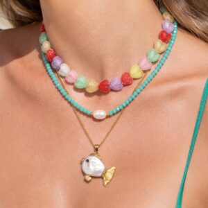 oly-9cf1aa0329b9fa816343b93d1c6e9c95 Wholesale Summer Heart Candy Necklace With Pearl Fish Charm Colorful Design Gilt Copper Trendy Vacation Jewelry Accessory For Resale