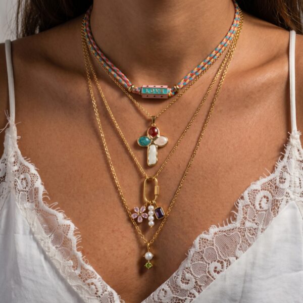oly-9ef4048c54273ba6aeae2a1a1523adff Wholesale Fashion Stainless Steel Woven Rope Necklace With Bow Cross Pendant Colorful Electroplated Jewelry Accessory