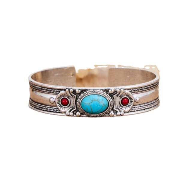 oly-9f1ba19593f412c9abadf3886607104c Wholesale Retro Bohemian Turquoise Open Bangle Bracelet Silver Electroplated Metal Gift For Women