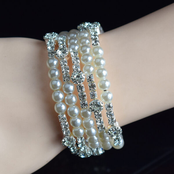 Wholesale Silver Tone Pearl Rhinestone Open Bangle Bracelet Layered Wrap Design Chic Fashion Jewelry Accessory For Women Gift