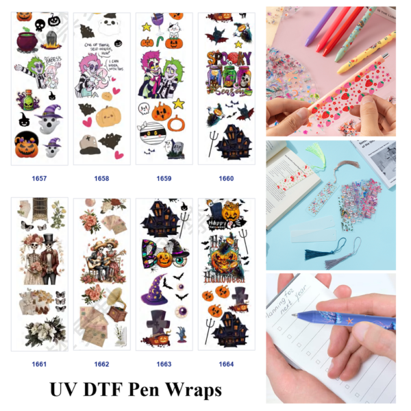 oly-a0cd414ff3591e5b172e93ab9dd73ba9 Wholesale 2/8/16pcs Halloween Skeleton Ghost Pumpkin Floral Print Pen and Bookmark Stickers UV DTF Wraps OLY Exclusive