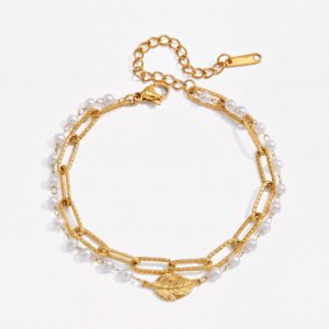 Pearl feather double layer bracelet
