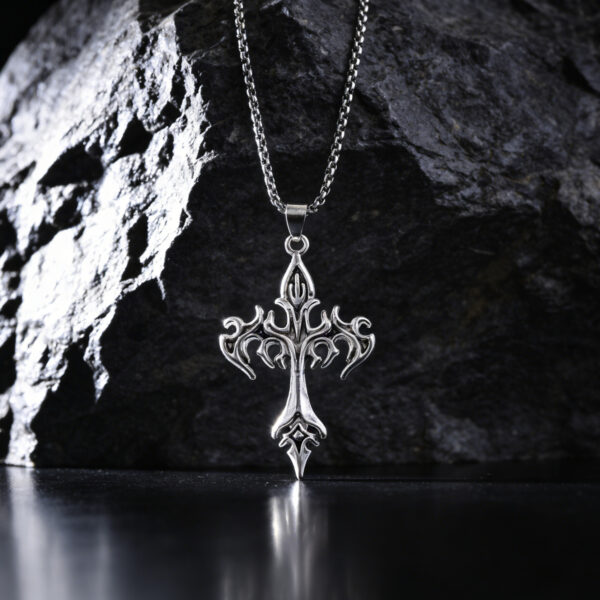 oly-a252a270823783eab60e6bc114cf6eec Wholesale Punk Flame Cross Pendant Necklace For Men Antique Silver Layering Jewelry Gift